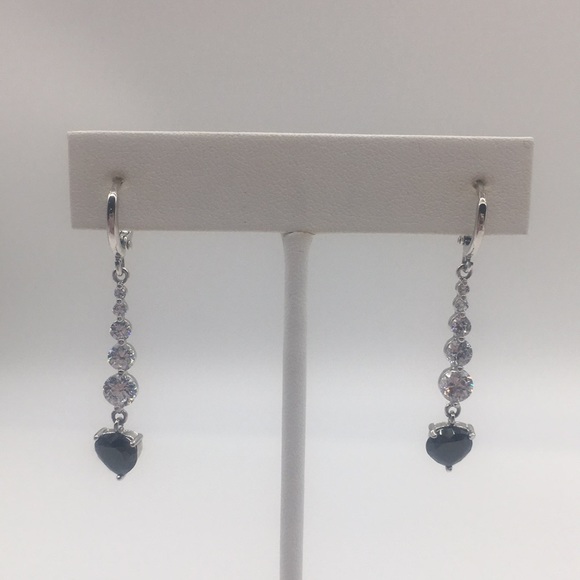 Silver toned drop earrings with black heart shaped and 5 round white rhinestones - Picture 11 of 15